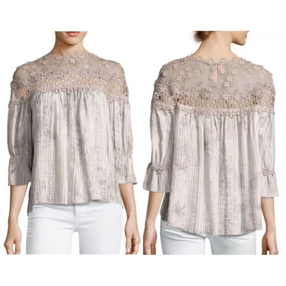 Elie Tahari Neila Floral Lace-Trim Blouse Size XL
